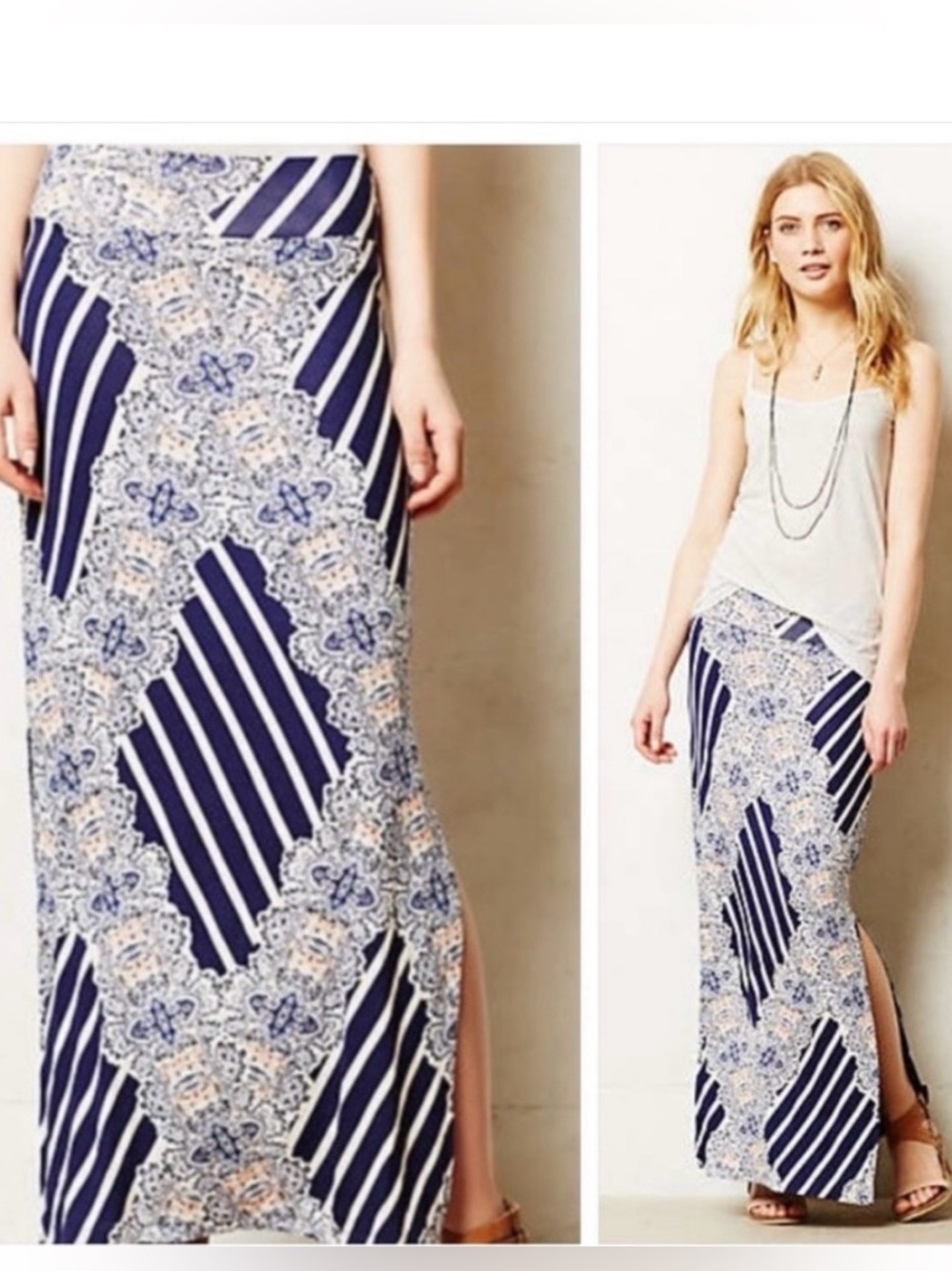 Anthropologie Maeve Maxi Split Skirt Stripes Sz L